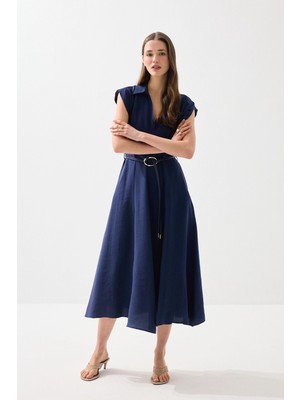 Gusto Yakalı Kemerli Uzun Tencel Elbise - Lacivert