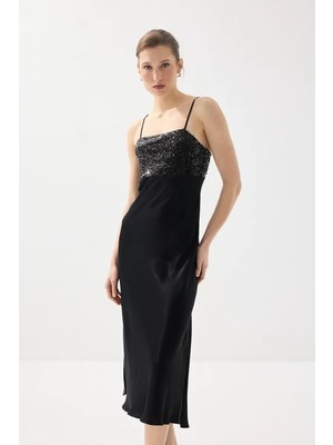 Gusto Ince Askılı Pul Payet Saten Midi Abiye Elbise - Siyah