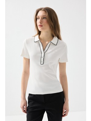 Gusto Polo Yaka Nakışlı Ribana Pamuk Bluz - Beyaz