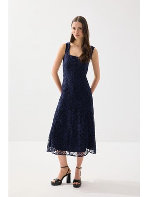 Gusto Kare Yaka Uzun Dantel Abiye Elbise - Lacivert