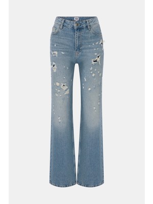 Denim Trip Straight Fit Açık Indigo Damageli Kadın Jean Pantolon