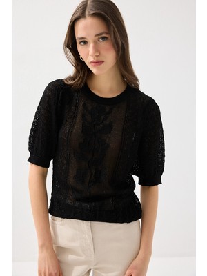 Gusto Ajurlu Kısa Kol Viskon Triko Bluz - Siyah