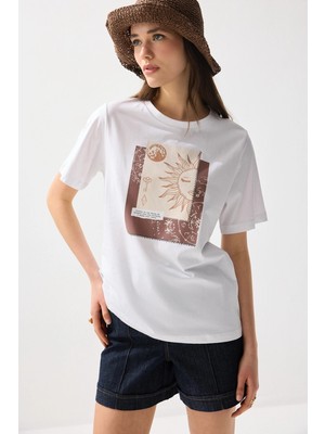 Gusto Varak Baskılı Pamuk T-Shirt - Beyaz
