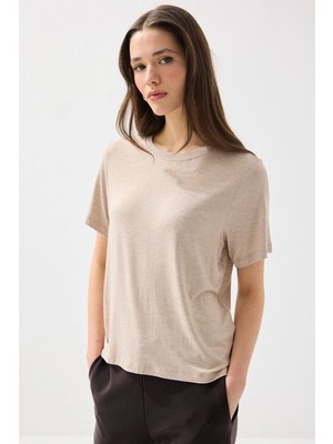 Gusto Bisiklet Yaka Melanjlı Bambu Tshirt - Bej