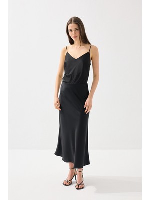 Gusto Verev Saten Uzun Etek - Siyah