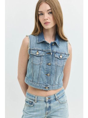 Denim Trip Regular Crop Fit Açık Indigo Kadın Jean Yelek