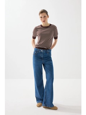 Gusto Bol Paça Yüksek Bel Denim Pantolon - Lacivert