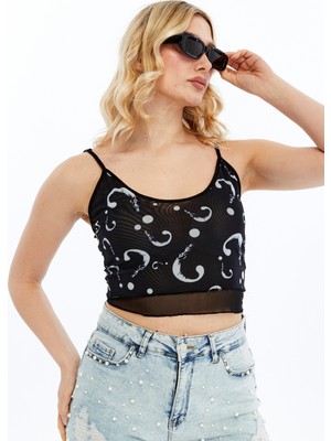 S-Ponder Kadın Ponder Desenli Ip Askılı Tül Detaylı Crop Büstiyer