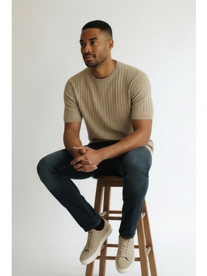 STG Erkek Slim Fit Fitilli Triko Tişört Kısa Kollu Bisiklet Yaka Modern Basic T-Shirt