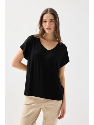 Gusto V Yaka Rahat Kesim Bambu Tshirt - Siyah