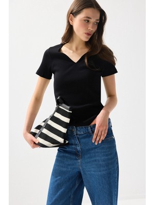 Gusto Kalp Yaka Pamuk Kaşkorse Bluz - Siyah