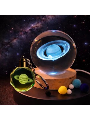 Zenvia Işıklı Satürn Gezegen Tasarımlı Cam Küre ve Kristal Anahtarlık Hediye Seti