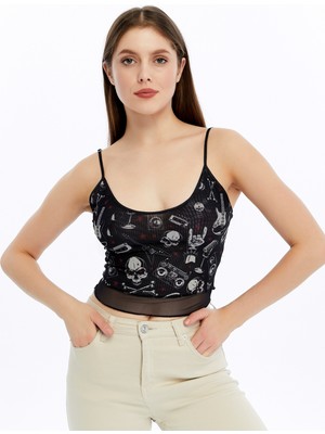 S-Ponder Kadın Rock & Roll Desenli Ip Askılı Tül Detaylı Crop Büstiyer
