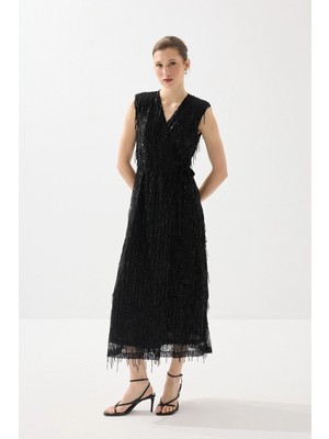 Gusto Anvelop Kesim Pul Payet Uzun Abiye Elbise - Siyah