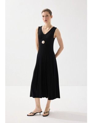 Gusto Kolsuz Bambu Örme Elbise - Siyah