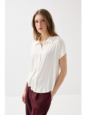 Gusto Düşük Kollu Bambu Gömlek - Beyaz