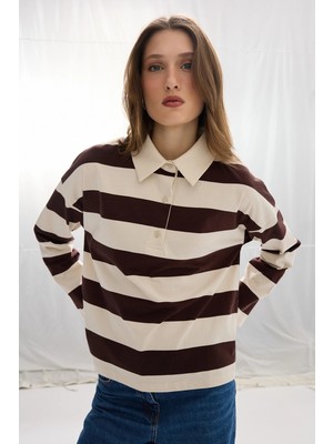 Gusto Polo Yaka Çizgili Pamuk Uzun Kollu Tshirt - Kahverengi