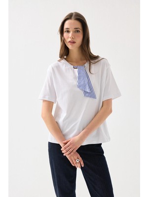 Gusto Yakası Fularlı Pamuk Tshirt - Beyaz