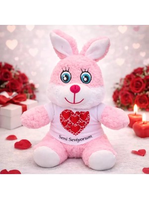 Pileli Store Seni Seviyorum Tişörtlü Pembe Peluş Tavşan