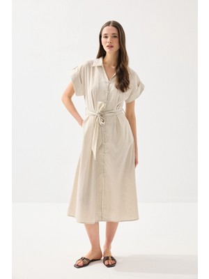Gusto Beli Kemerli Lyocell Keten Uzun Elbise - Bej