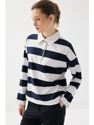 Gusto Polo Yaka Çizgili Pamuk Uzun Kollu Tshirt - Lacivert