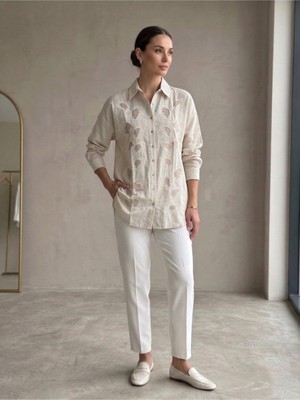 Morvarid Nakış Detaylı Premium Keten Gömlek - Rahat Kesim