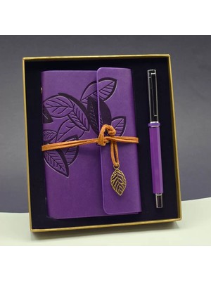 Zenvia Yaprak Desenli Mor Deri Defter ve Metal Roller Kalem Seti