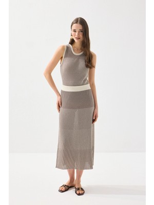 Gusto Çift Renkli Viskon Triko Pilise Etek - Kahverengi