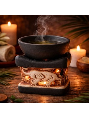 Uretti - Okay 5711 0051 Seramik Dekoratif Fil Tasarımlı Buhurdanlık - Tealight Mum ve Yağ Hediyeli