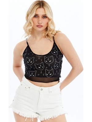 S-Ponder Kadın Kedi Kafası Desenli Ip Askılı Tül Detaylı Crop Büstiyer