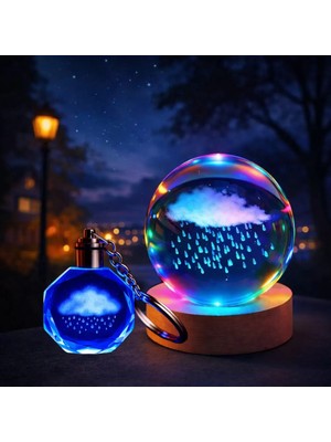 Fta Ticaret Işıklı Yağmur Bulutu Tasarımlı Cam Küre ve Kristal Anahtarlık Hediye Seti