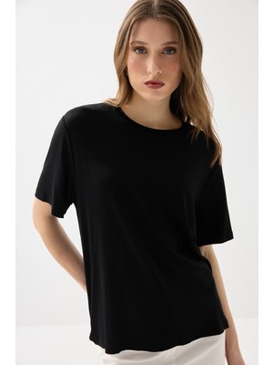 Gusto Bisiklet Yaka Rahat Kesim Bambu Tshirt - Siyah