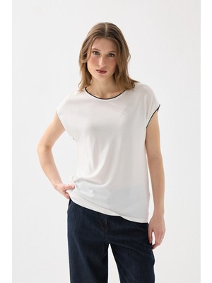 Gusto Biyeli Düşük Kol Merserize Bluz - Beyaz