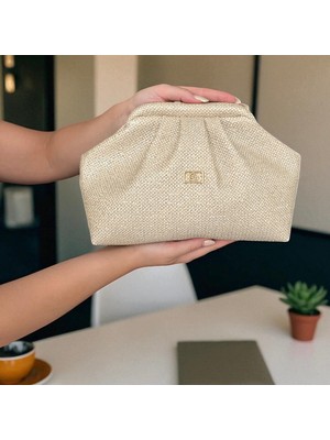 BSR Luisant Hasır Görünümlü Kadın Şık Clutch El Çantası ve Çapraz Askılı
