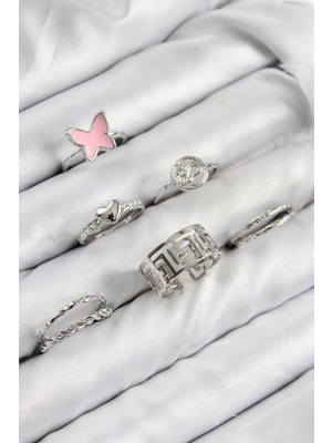 DS LLC Ietaks™ Pirinç Kelebek ve Kalp Model Gümüş Renk Kadın Yüzük Kombin Set