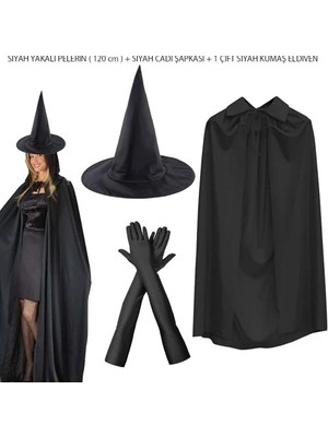 DS LLC Ieg™ 120 cm Siyah Yakalı Cadı Pelerini Cadı Şapkası ve 1 Çift Siyah Kumaş Eldiven Seti