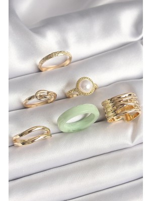 DS LLC Ietaks™ Pirinç Gold Renk Düğüm Model Incili Işlemeli Plaka Model 6'lı Kadın Yüzük S