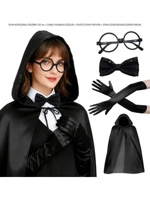 DS LLC Ieg™ Siyah Kapüşonlu Büyücü ve Cadı Pelerin Kostüm Seti (4 Parça)