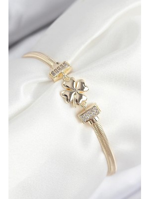 DS LLC Ietaks™ Pirinç Zirkon Taşlı Yonca Model Gold Renk Kadın Bileklik