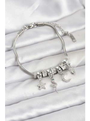 DS LLC Ietaks™ Pirinç Gümüş Renk Yılan Charmlı Kadın Bileklik