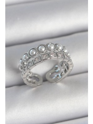 DS LLC Ietaks™ Pirinç Gümüş Renk 2'li Sıra Zirkon Taşlı ve Incili Ayarlanabilir Kadın Yüz