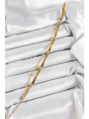 DS LLC Ietaks™ 316L Çelik Gold Renk Karışık Renkli Kristal Taşlı 2'li Kadın Bileklik