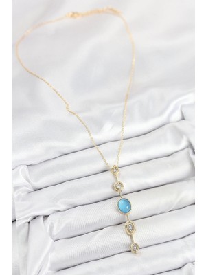 DS LLC Ietaks™ Pirinç Zincir Mavi Gold Renk Zirkon Taşlı Y Kolye