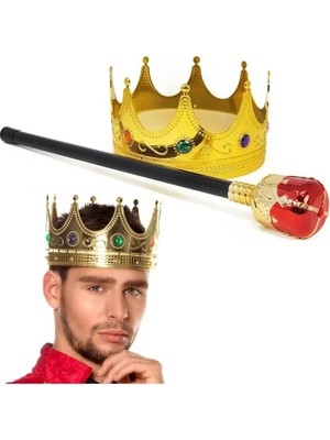 DS LLC Ieg™ Altın Renk 60 cm Kral Tacı Kraliyet Tacı ve Kırmızı Topuzlu Kral Asası Seti