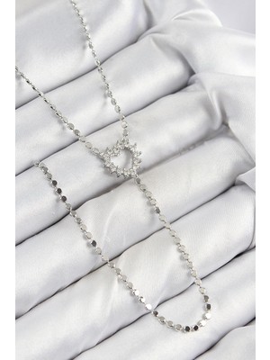 DS LLC Ietaks™ Pirinç Zirkon Taşlı Ezme Zincirli Kalp Model Gümüş Renk Y Kolye