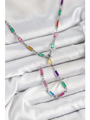 DS LLC Ietaks™ Pirinç Renkli Zirkon Taşlı Dikdörtgen Model Gümüş Renk Kadın Y Kolye