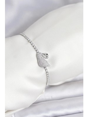 DS LLC Ietaks™ Kuğu Model Zirkon Taşlı Gümüş Renk Asansörlü Su Yolu Bileklik