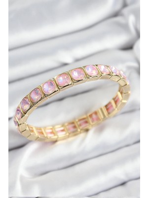 DS LLC Ietaks™ Pirinç Pembe Zirkon Taşlı Kare Model Gold Renk Lastikli Kadın Bileklik