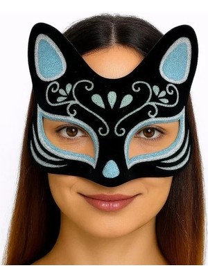 DS LLC Ieg™ Siyah Renk Süet Kaplama Üzeri Gümüş Mavi Simli Kedi Maskesi 17X14 cm