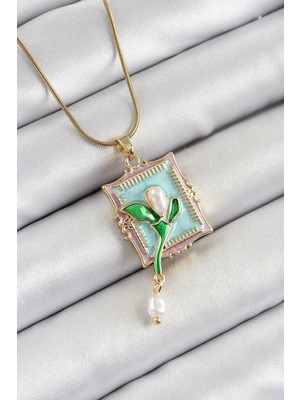 DS LLC Ietaks™ 316L Çelik Zincir Turkuaz Sanatsal Portre Sallantılı Inci Detaylı Lale Model Gold R